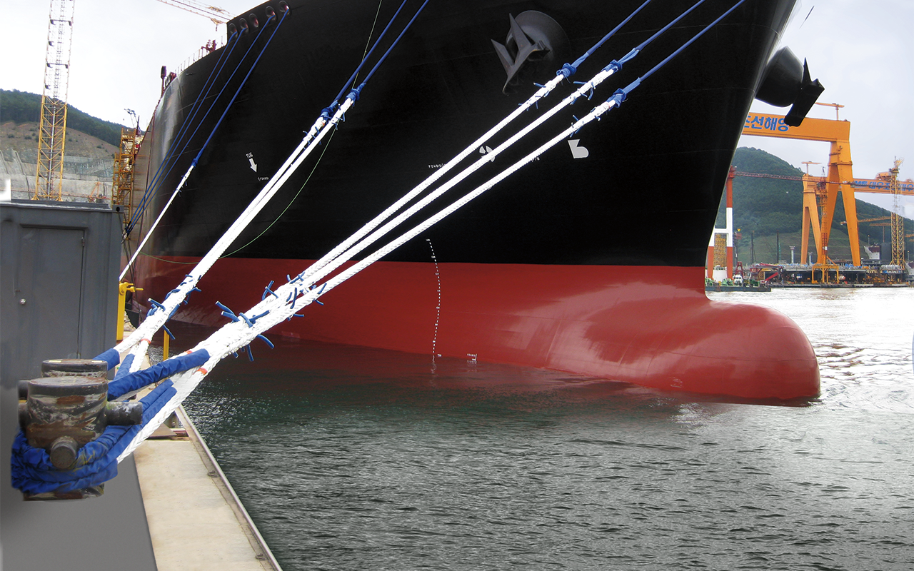 A vessel moored with ropes