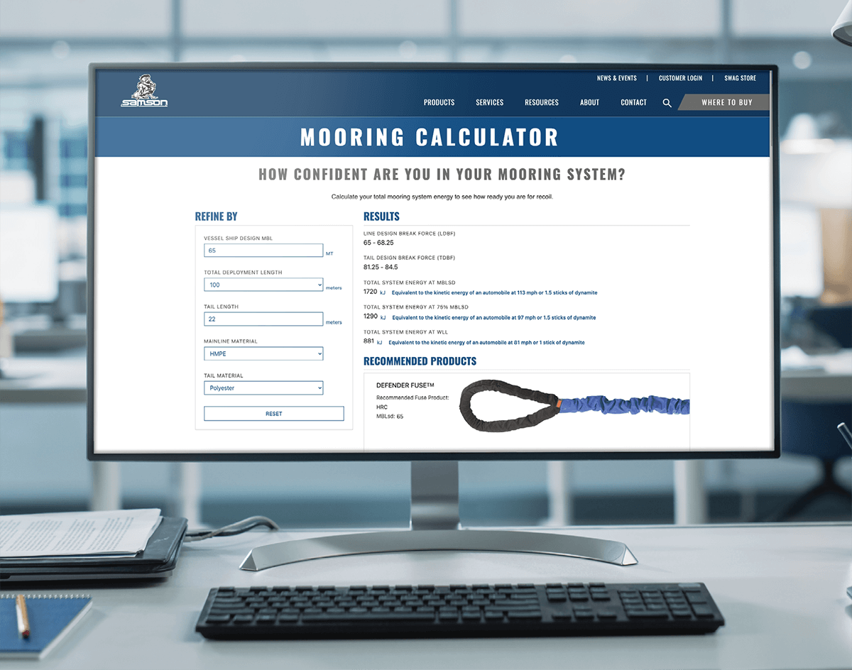 Mooring calculator on computer screen